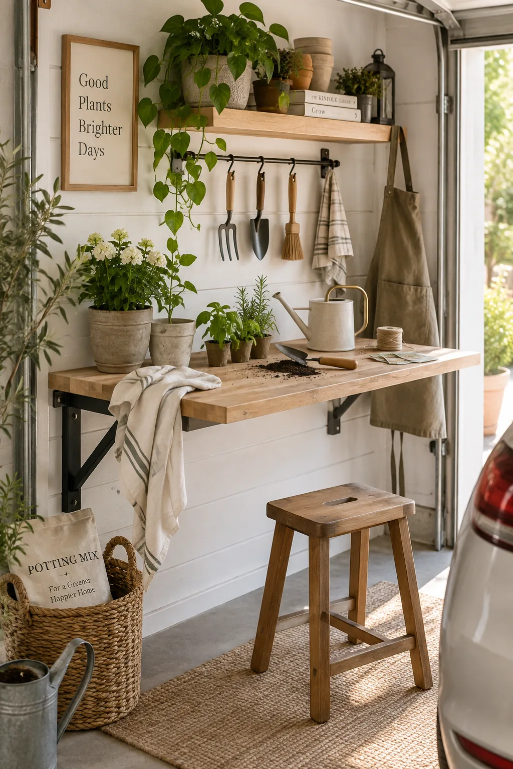 Wooden fold-down workbench attached to a painted garage wall