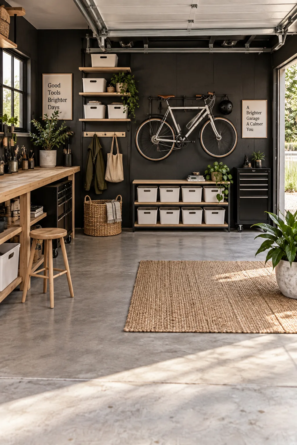 Dark painted plywood garage wall with organized tools