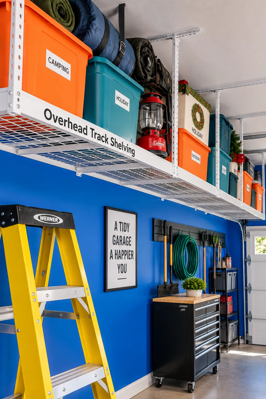 High wire shelving installed along the top perimeter of a garage wall holding plastic bins
