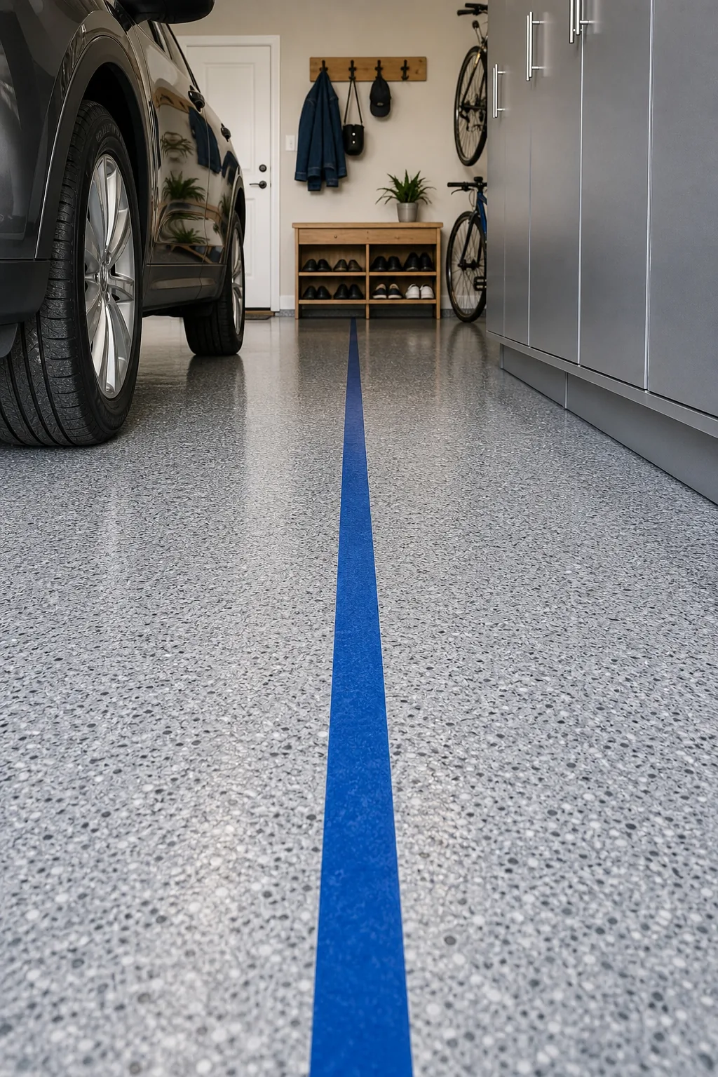 A blue tape line on a speckled grey epoxy garage floor separating empty space from the base of grey cabinets.
