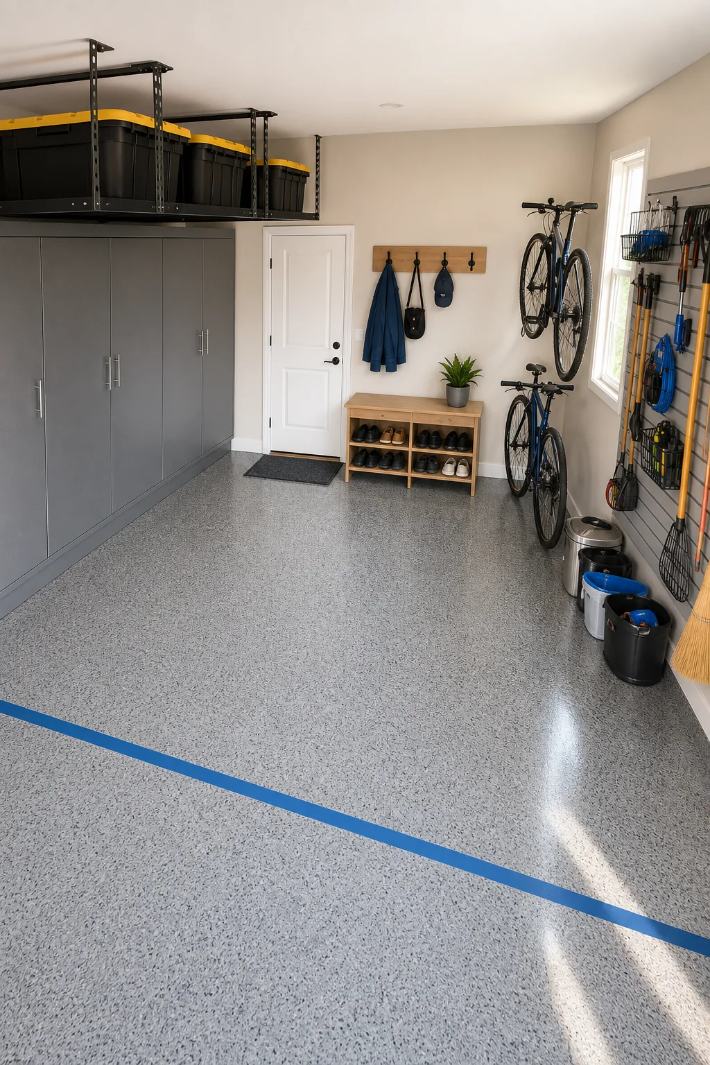 Three distinct organized areas in a garage including grey cabinets, a wooden bench, and a slatted wall rack.