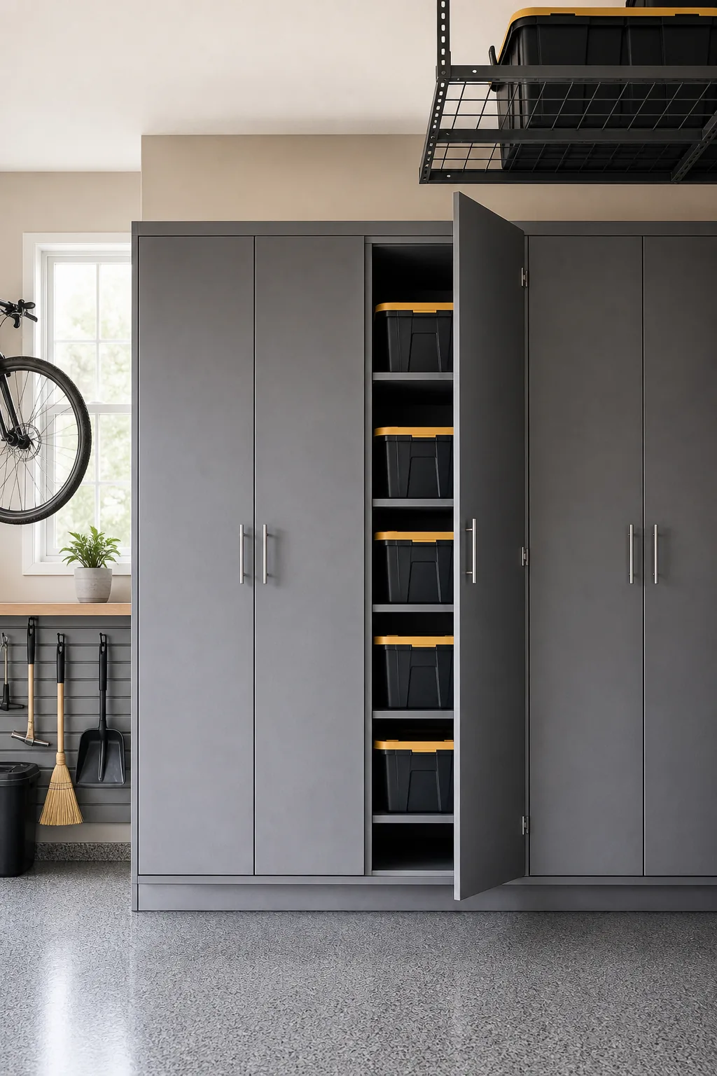Tall grey garage cabinet with one door slightly open revealing neatly stacked plastic bins inside.