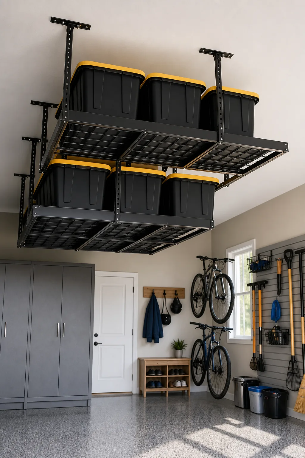 Black metal overhead storage racks suspended from a white garage ceiling, holding black and yellow bins.