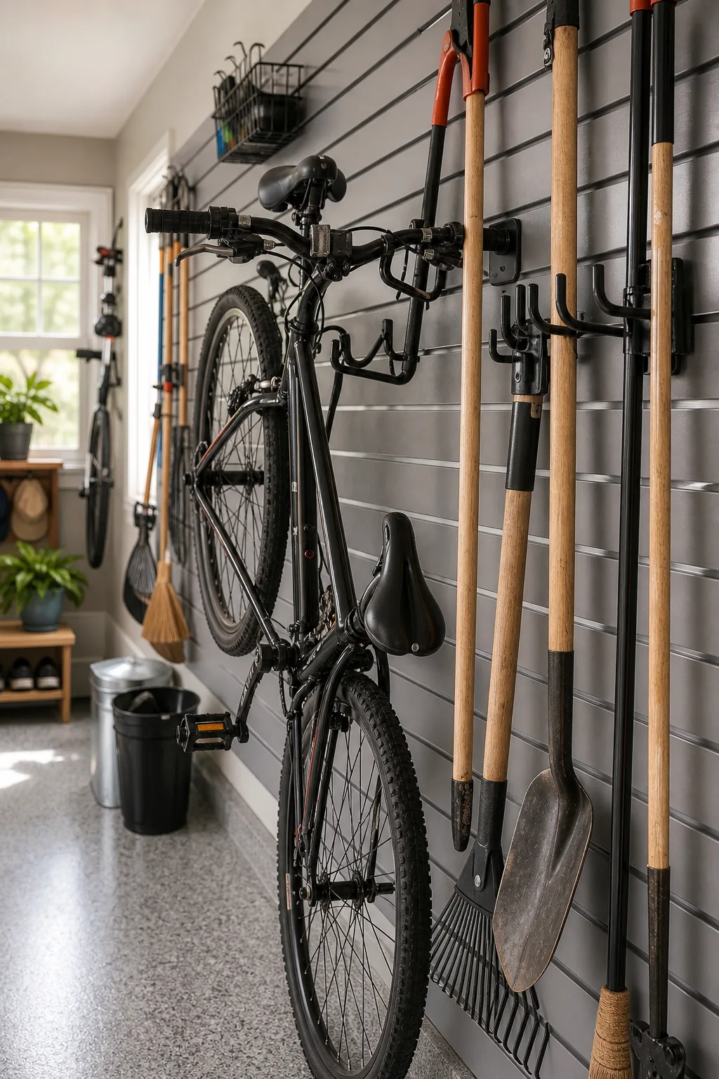 Grey slatted wall panels holding gardening tools, brooms, and a bicycle on specialized metal hooks.
