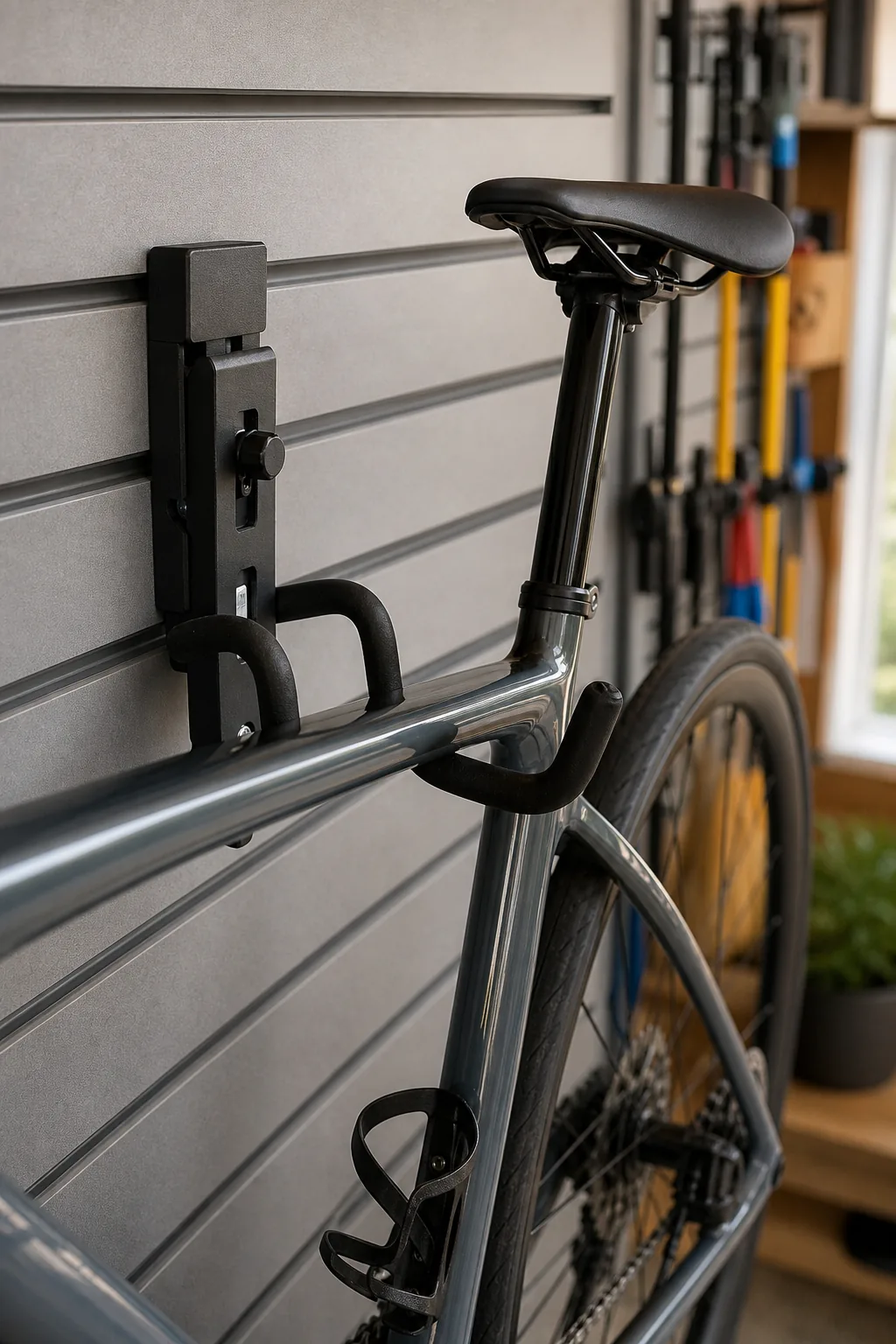 Close-up of a black metal double hook securing a bicycle frame to a grey slatted wall track.
