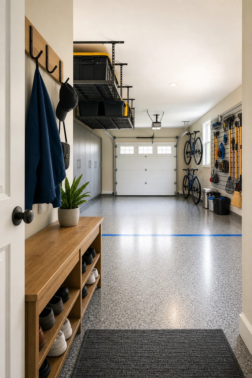 View past a wooden bench toward a clear epoxy garage floor with a blue tape line and closed grey cabinets.