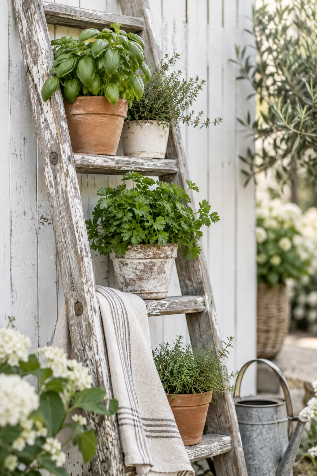 An old wooden ladder leaning against a fence holding small terracotta pots of herbs.