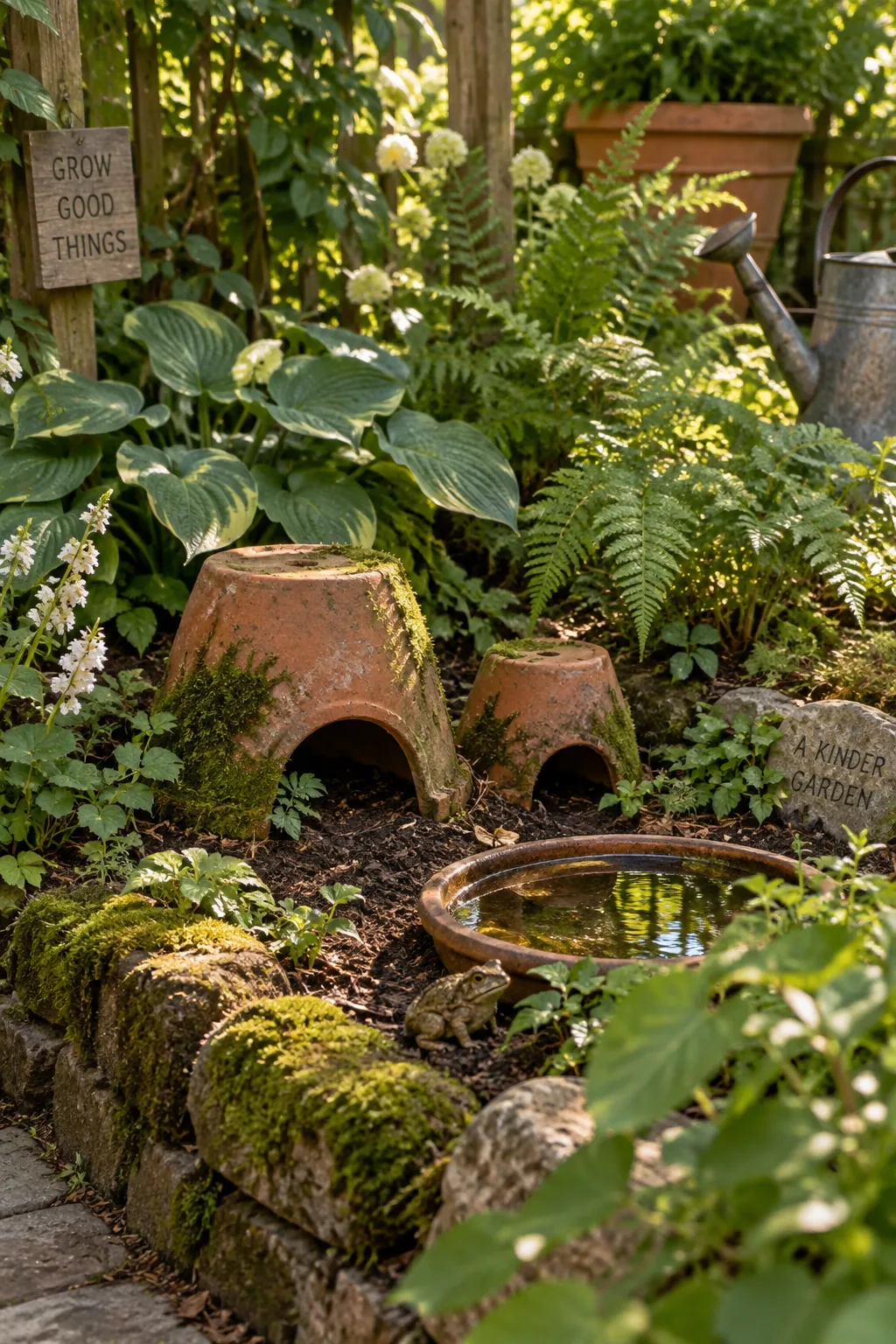 Broken terracotta pots placed upside down in garden dirt to create a toad habitat.