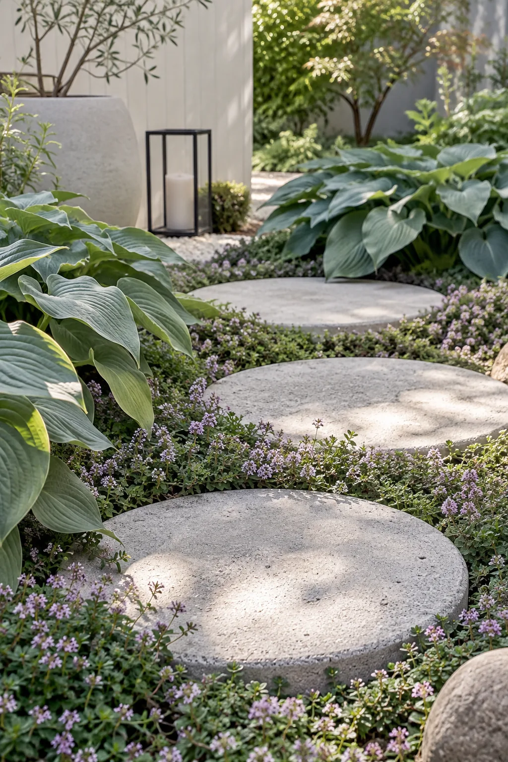 Large round concrete stepping stones arranged in a curve through a garden bed.