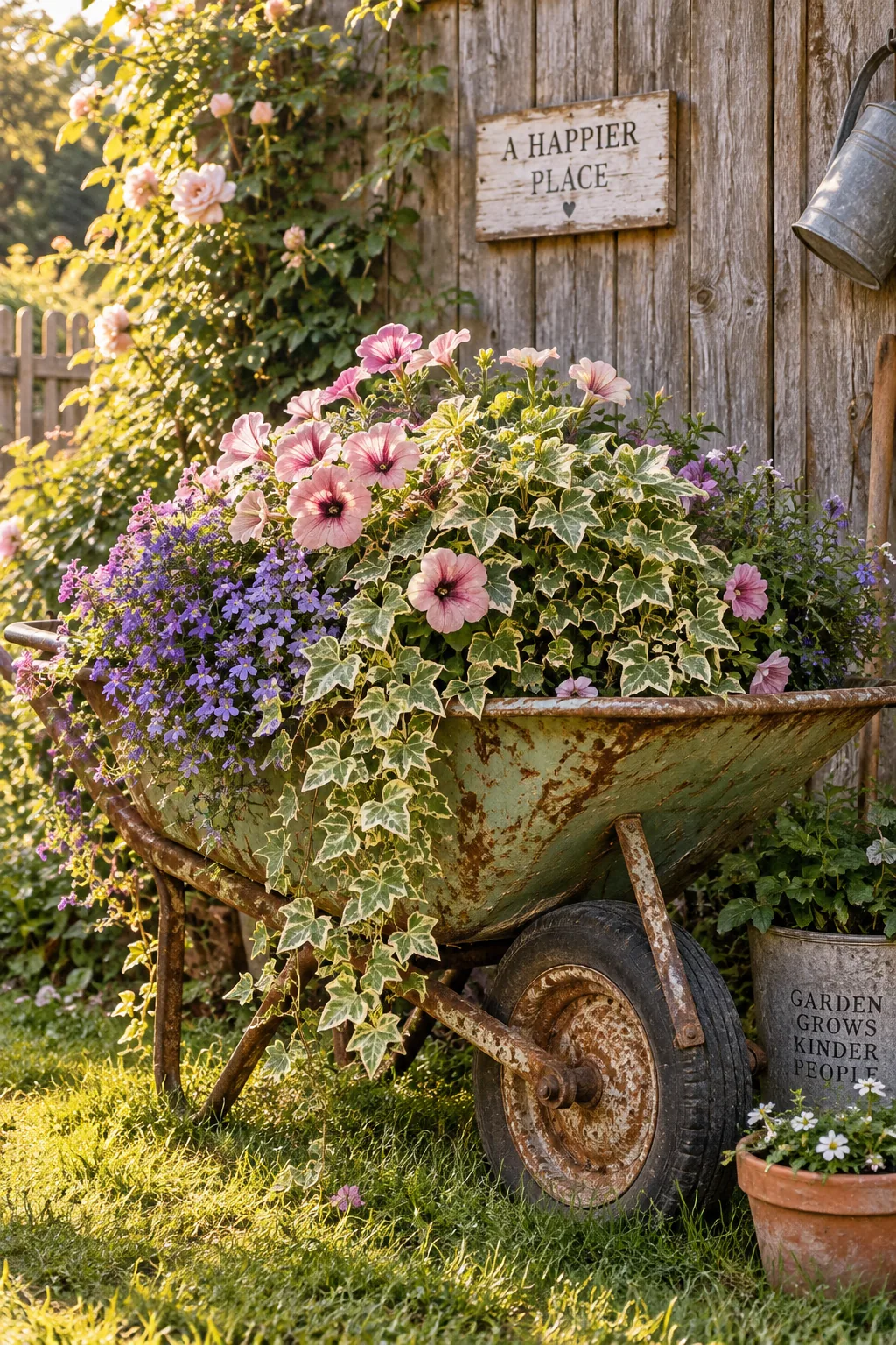A rusty vintage wheelbarrow overflowing with pink petunias and green vines.