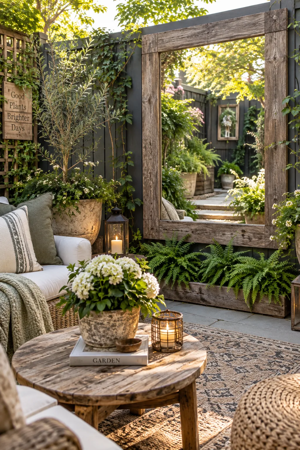A large mirror framed in barn wood hanging on a wooden privacy fence reflecting the garden.
