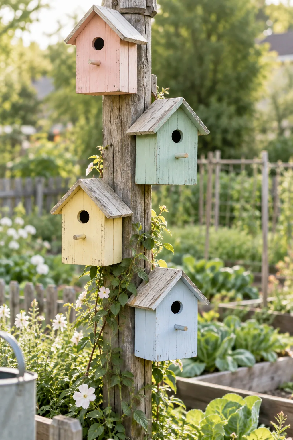 A tall wooden post holding four painted birdhouses at staggered heights.