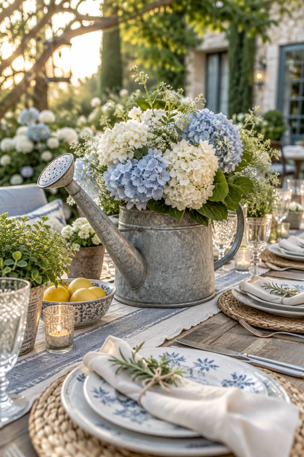 A galvanized watering can filled with fresh cut hydrangeas sitting on an outdoor table.