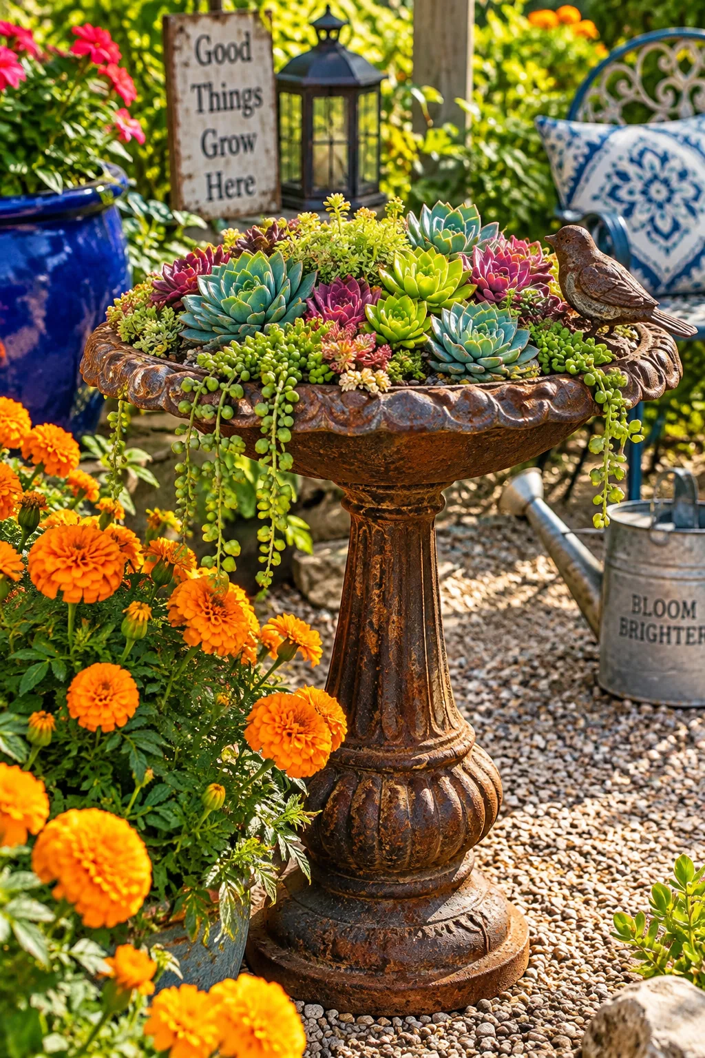 A rusty cast iron birdbath filled with soil and various small succulent plants.