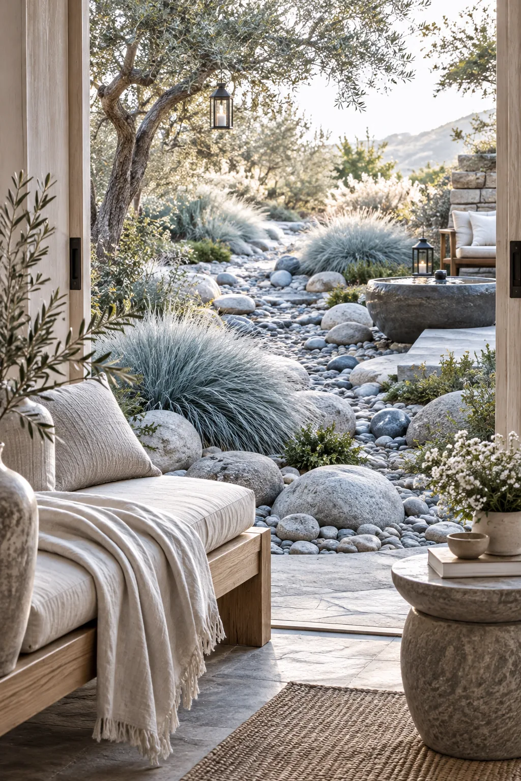 A shallow trench filled with river rocks winding through a yard, lined with small grasses.