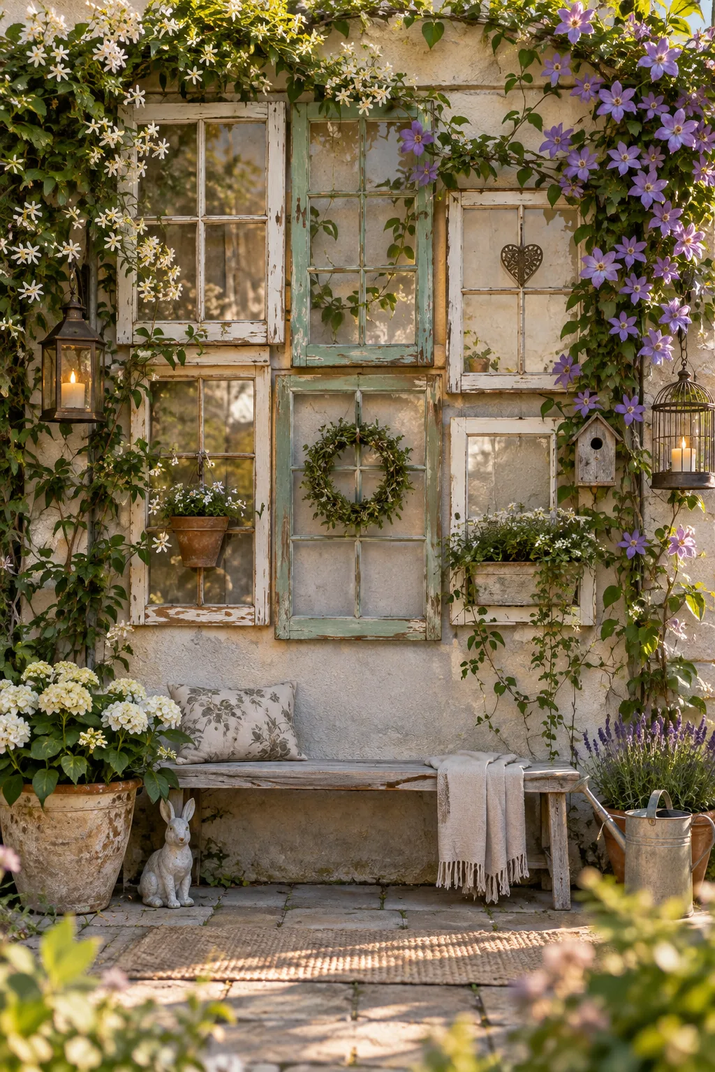 Weathered wooden window frames hanging on a blank exterior house wall with vines growing up them.