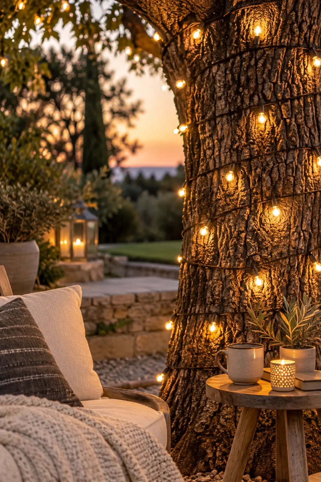 A large tree trunk tightly wrapped in glowing outdoor string lights at night.