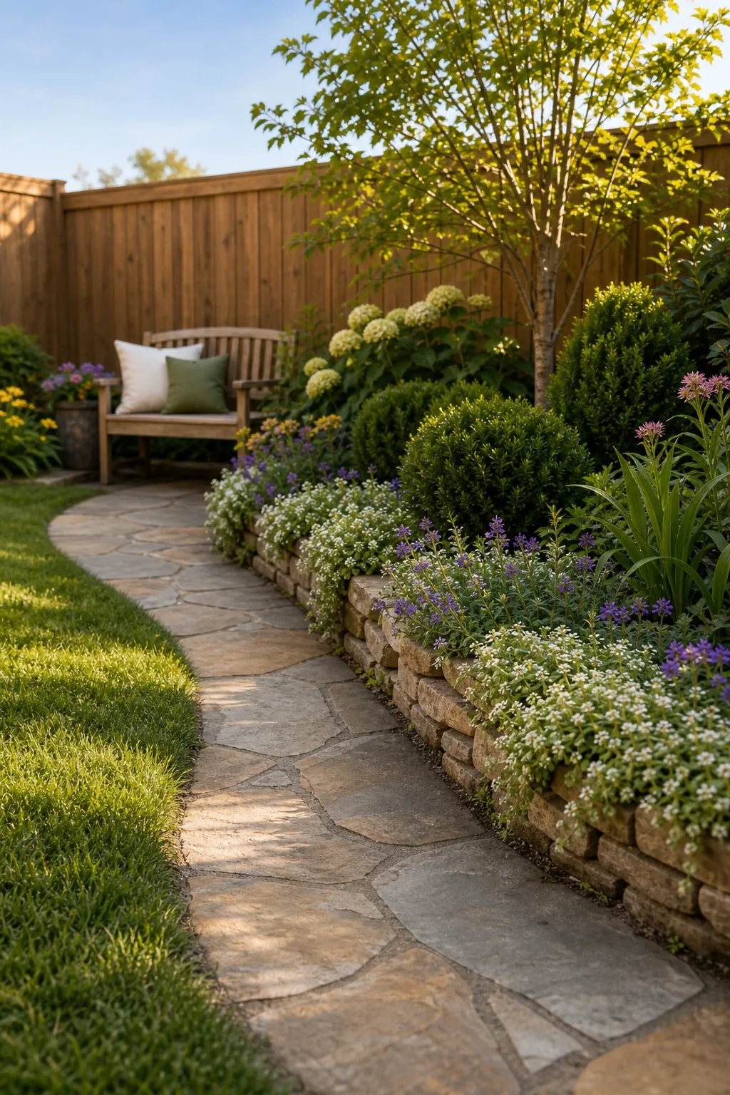 Curved flagstone pathway bordering a raised garden bed and green lawn.