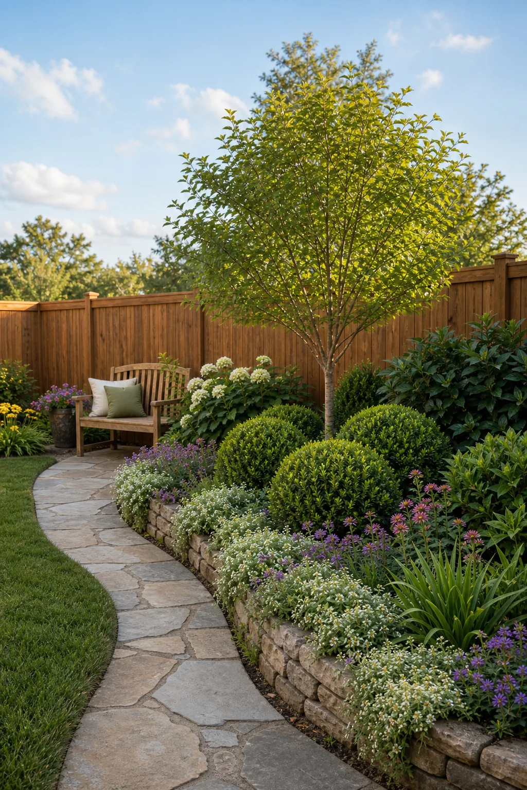 Garden bed displaying a mix of green shrubs, flowering plants, and a small tree.