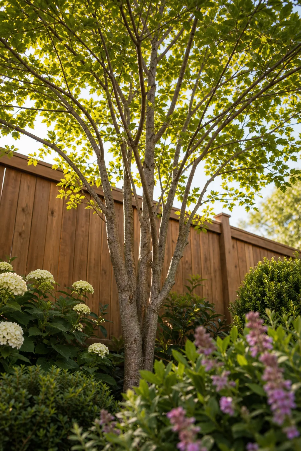 Small ornamental tree planted near a wooden privacy fence.