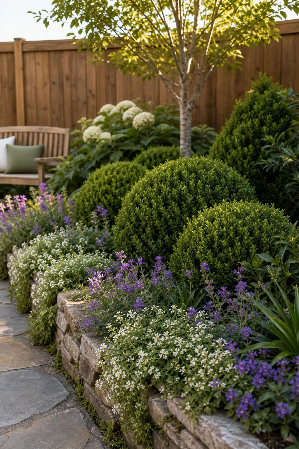 Row of tightly clipped, rounded evergreen shrubs in a garden bed.