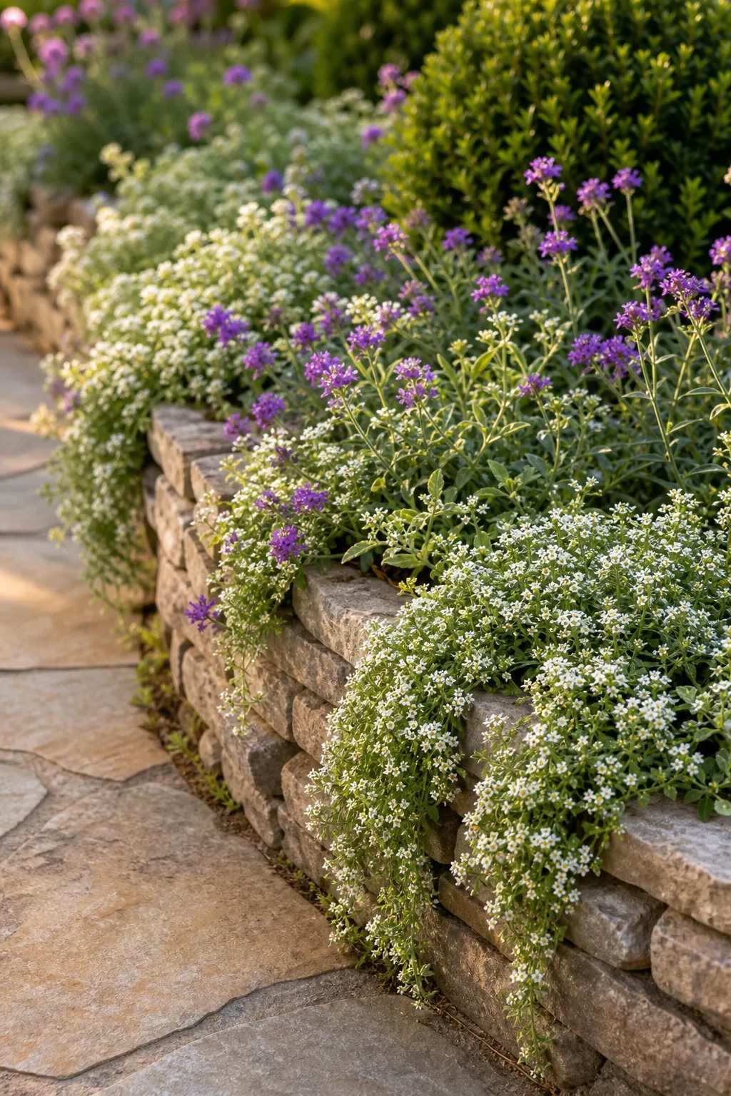 White and purple creeping flowers draping over a stacked stone border.