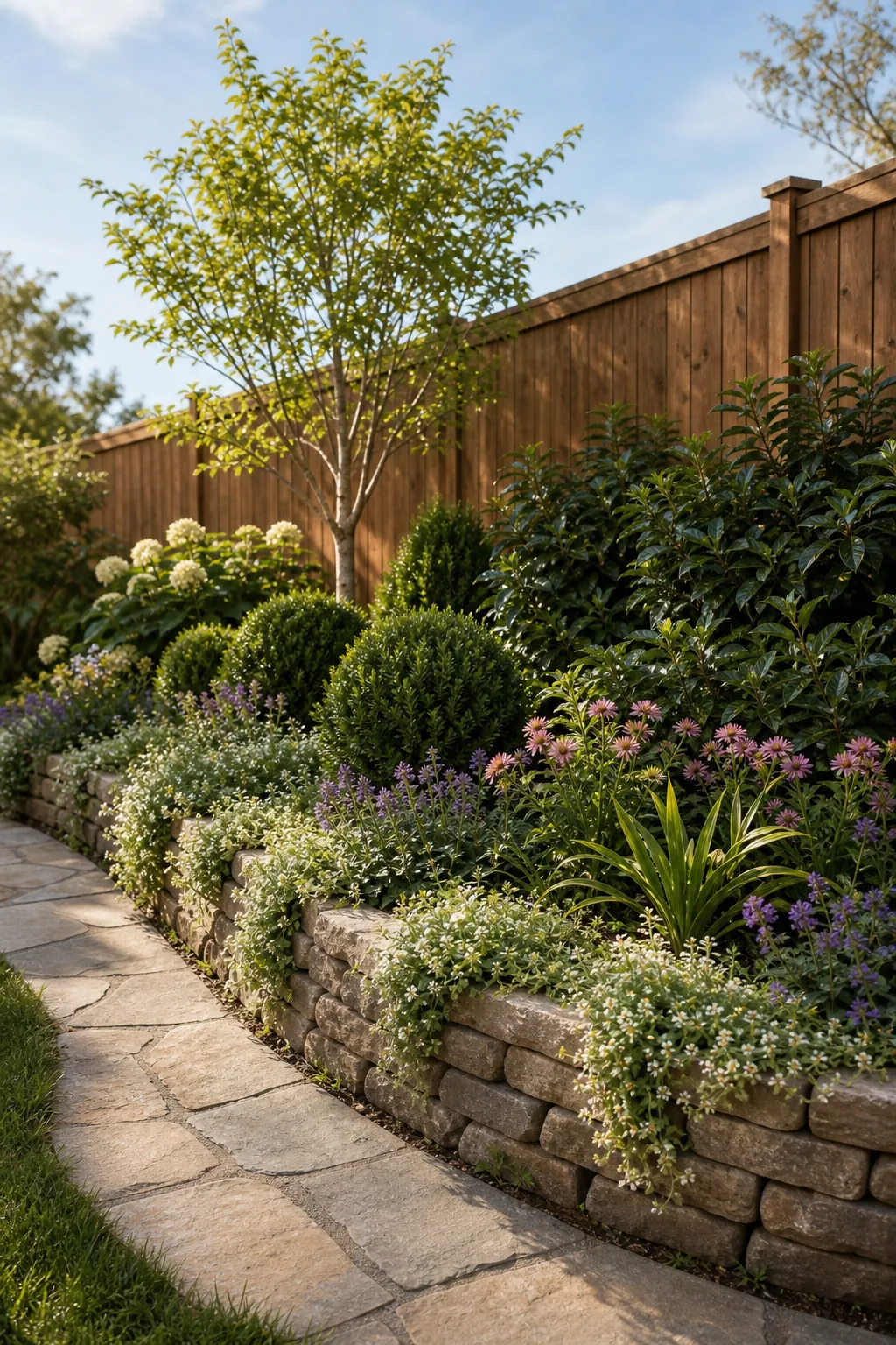 Side view of a garden bed stepping down from a tall tree to low groundcover.
