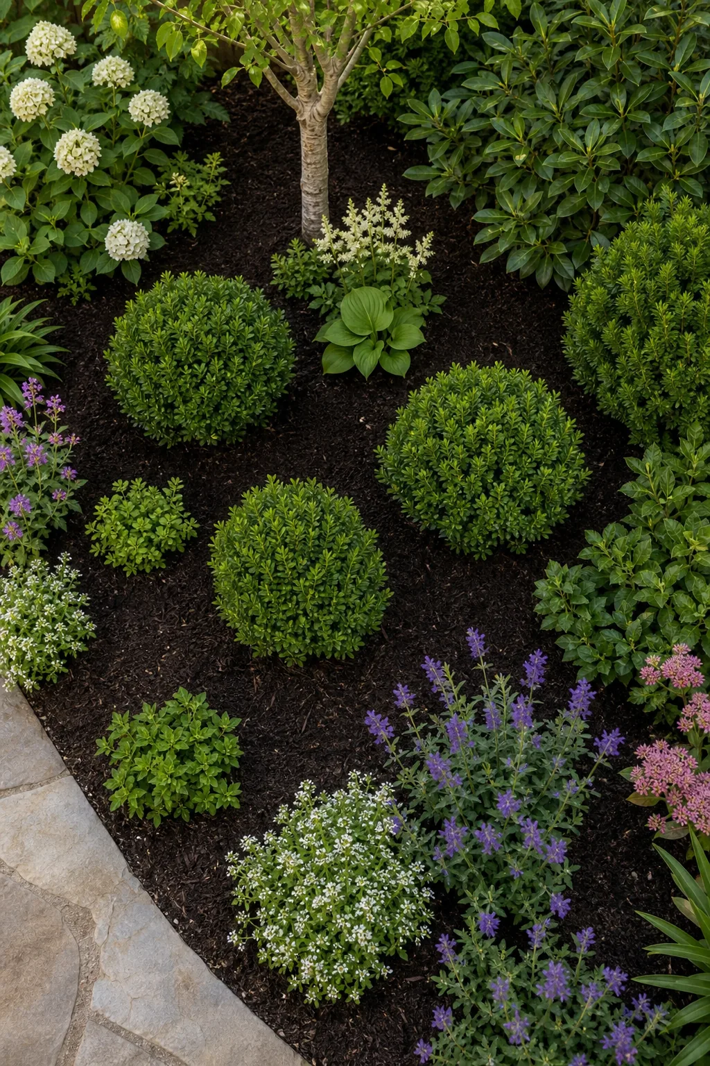 Garden bed showing visible dark mulch between individual young plants.