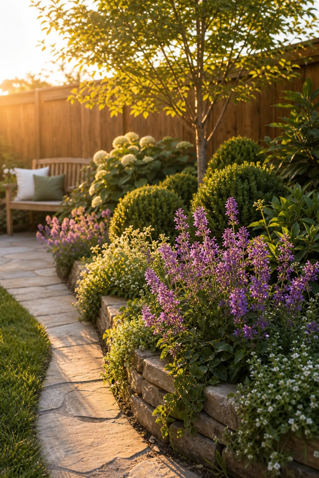 Purple perennials blooming brightly against dark green shrubs in a garden.