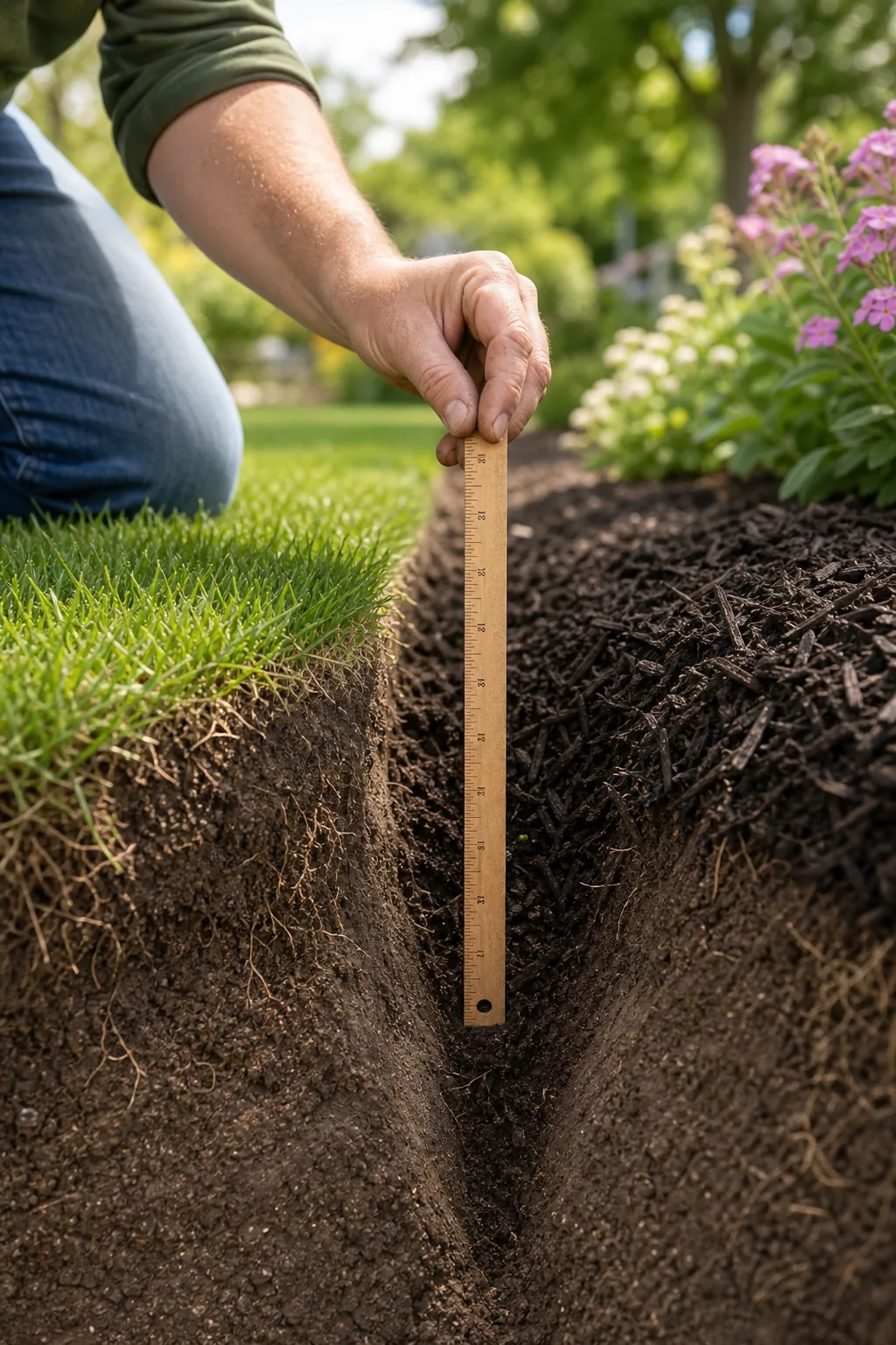 A wooden ruler measuring the depth of a freshly cut garden trench wall