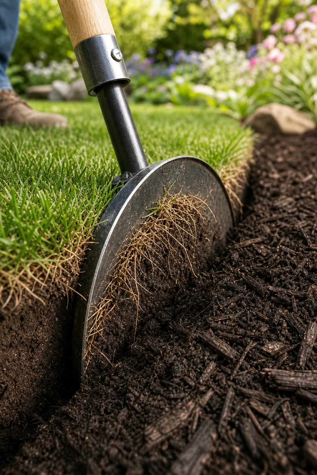 A half-moon edger blade cutting straight down through grass roots into soil