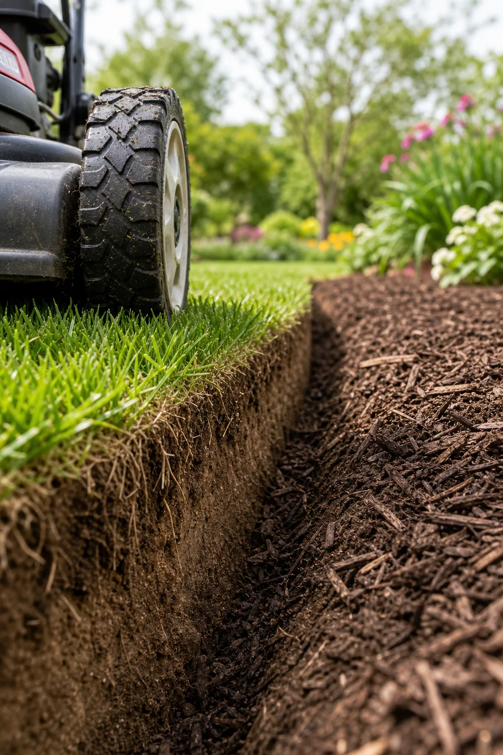 A lawnmower wheel sitting on a sharp, stable grass edge next to a trench