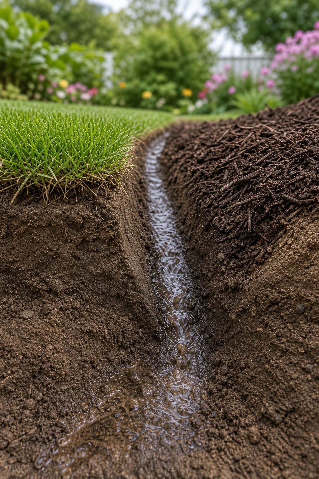 Water soaking into the bare earth at the bottom point of a garden trench