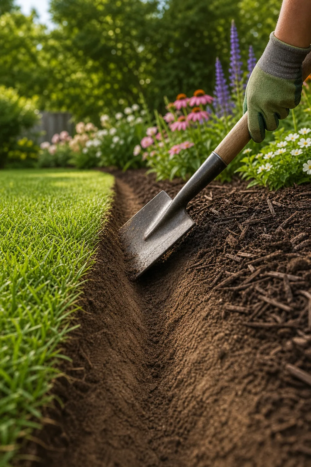 A flat spade shaping a smooth 45-degree slope in garden soil