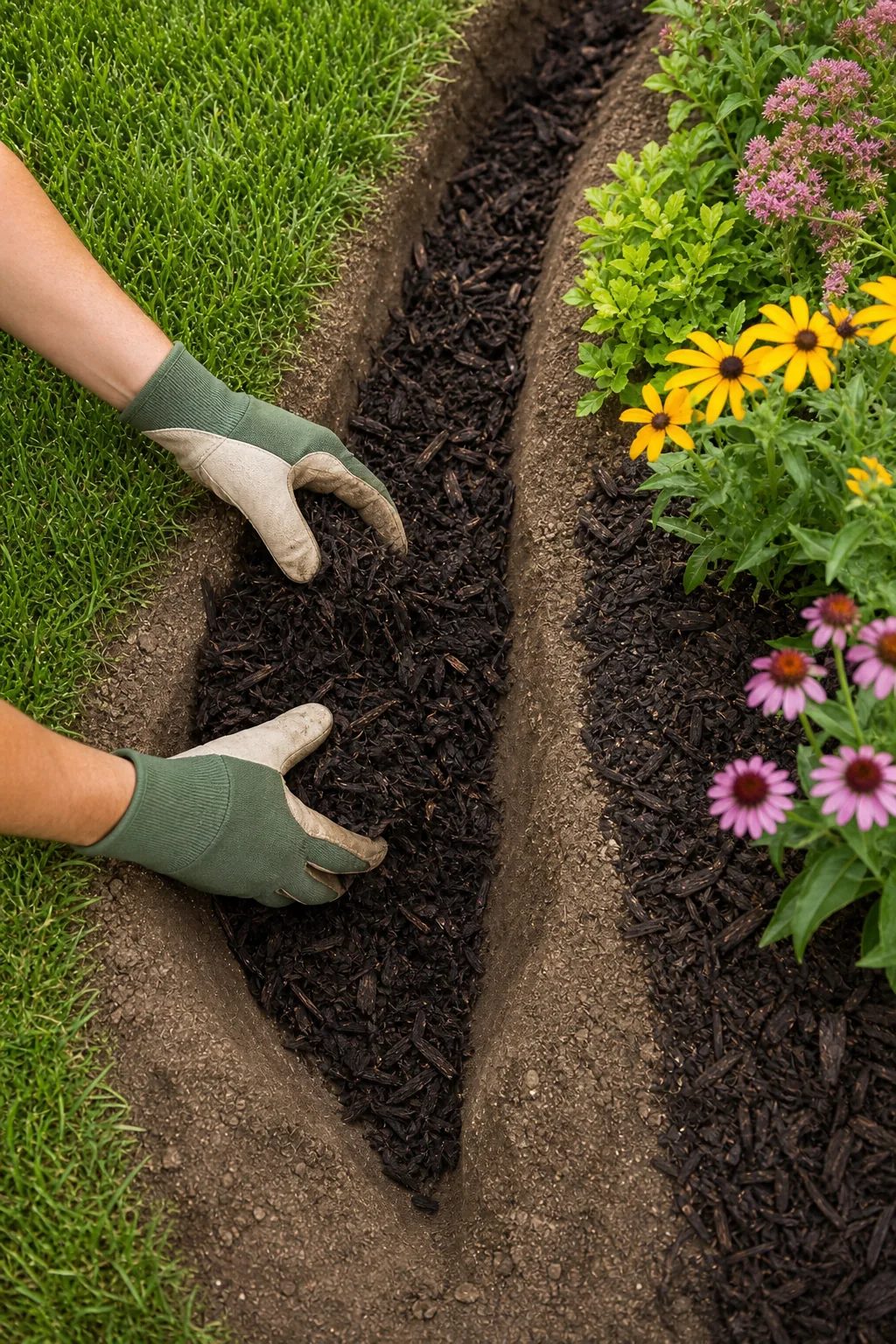 Gloved hands pressing dark shredded mulch into an angled garden trench
