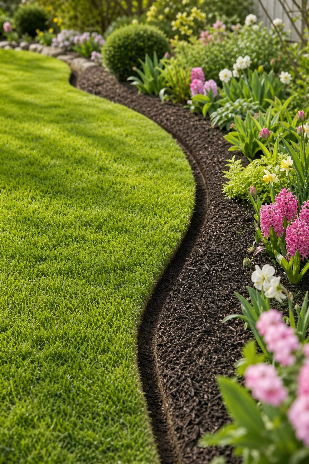 A smooth, curved trench edge separating a lawn from a flower bed