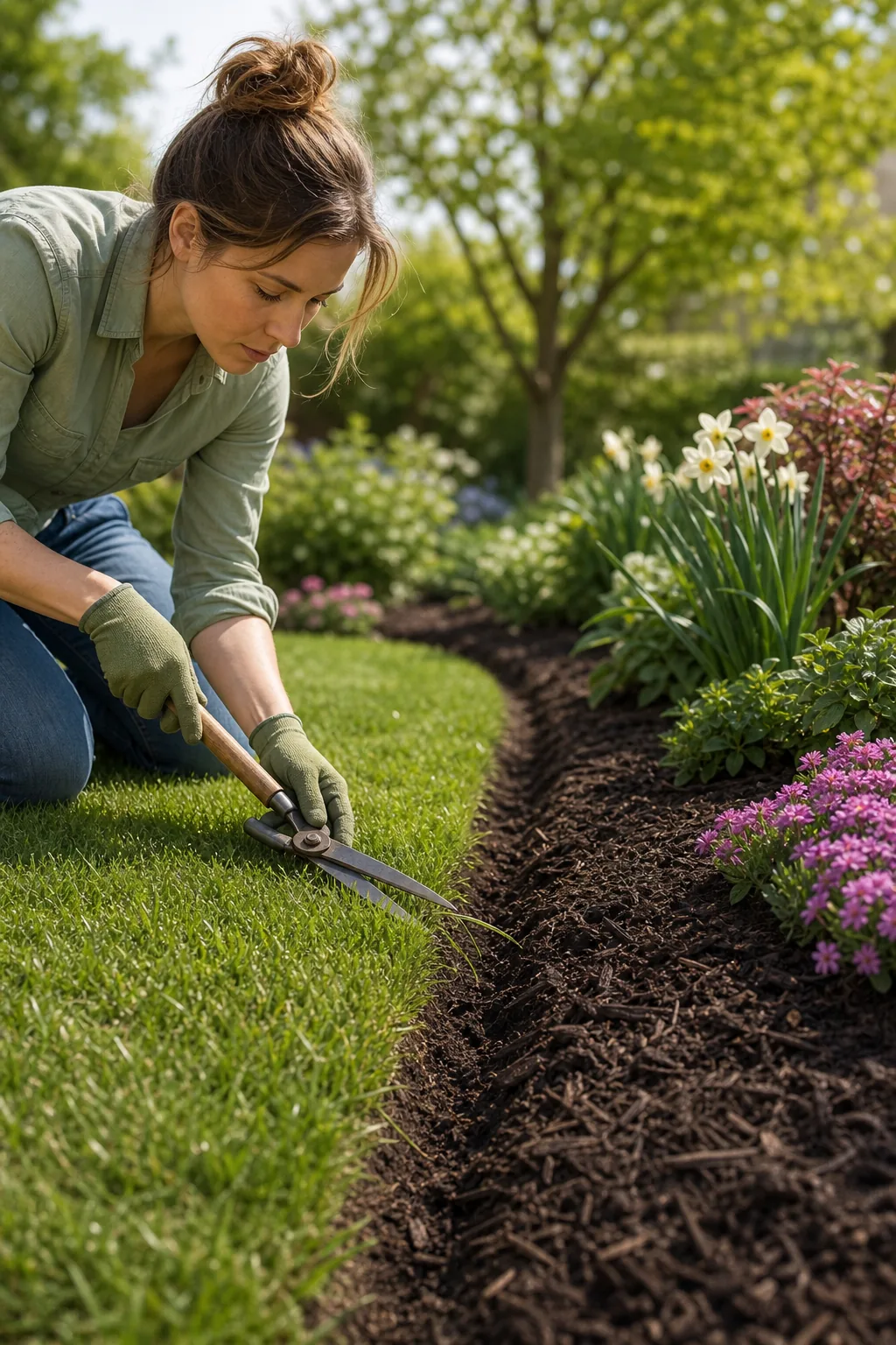 A gardener trimming stray grass blades over a neat garden trench