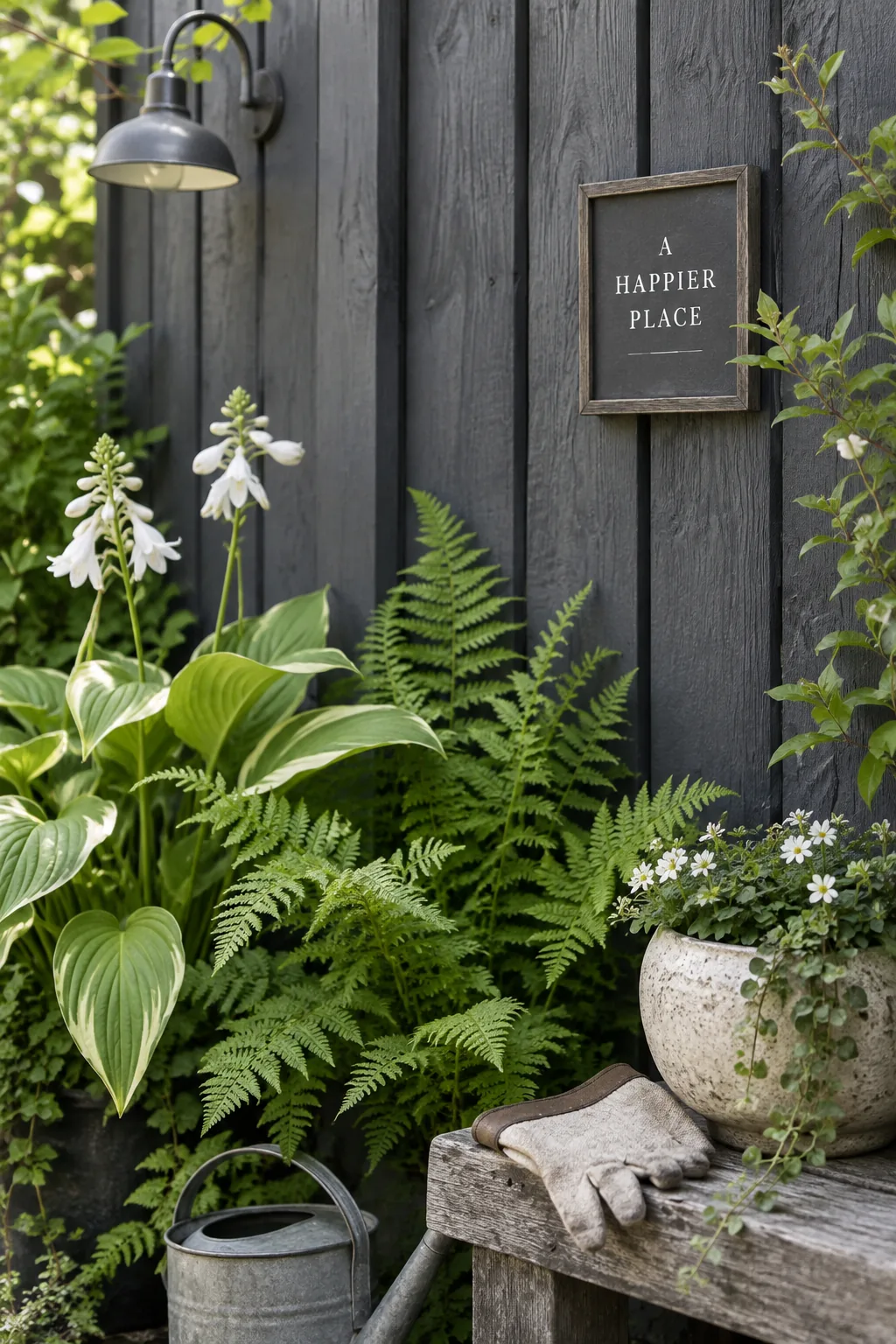 Dark charcoal painted wood fence behind lush green garden plants