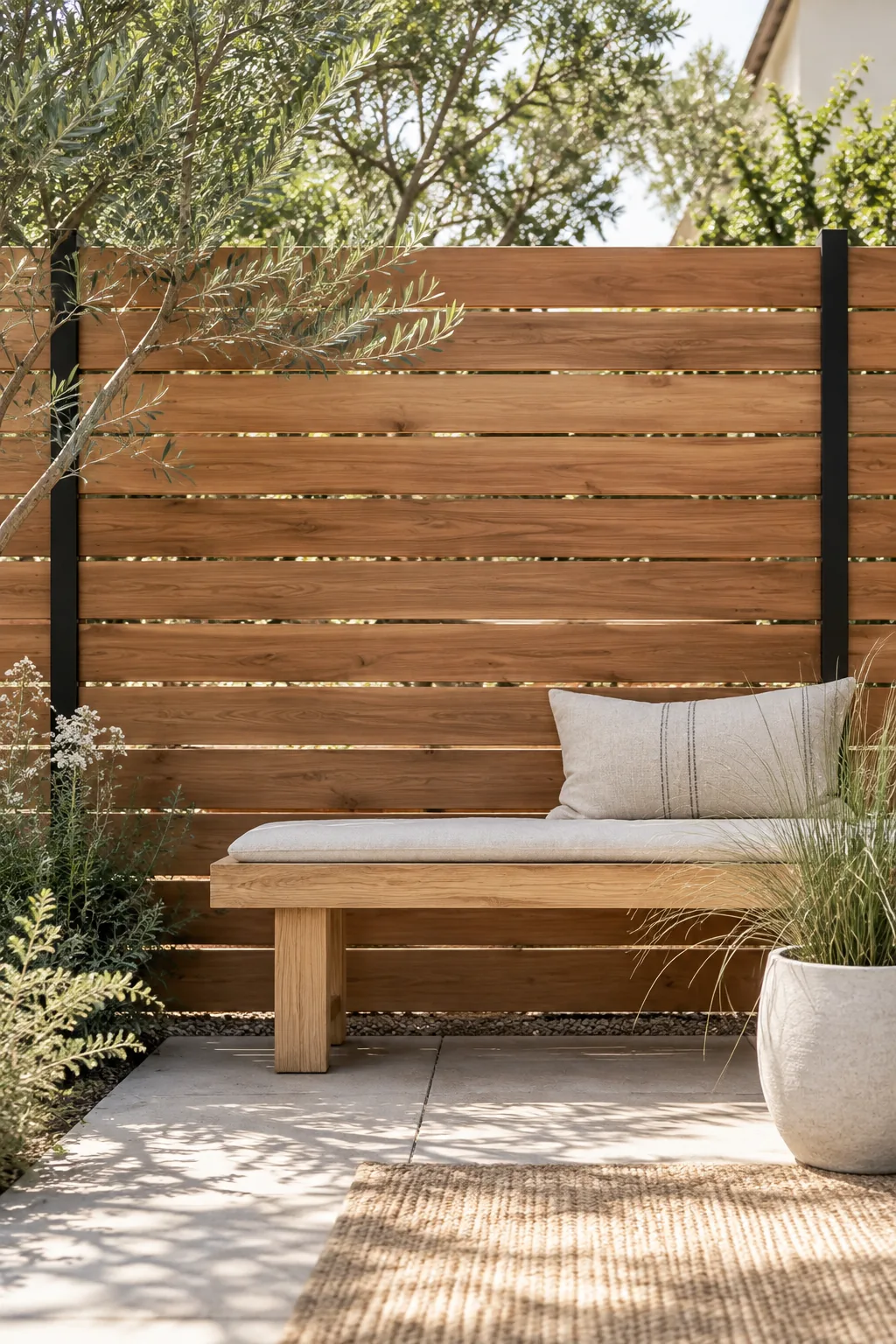 Modern horizontal slatted cedar fence with black metal posts