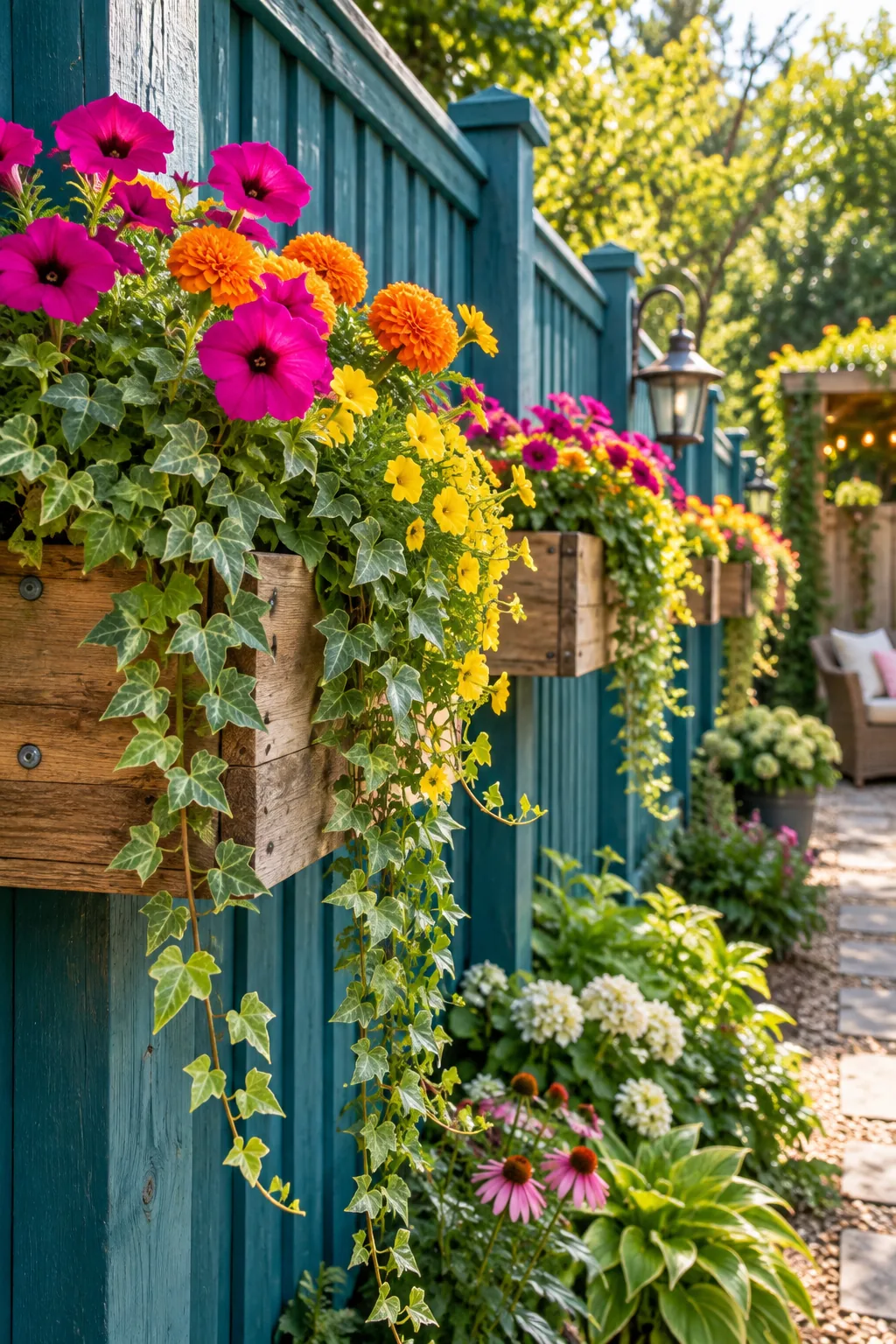 Wooden planter boxes attached to the base of a privacy fence