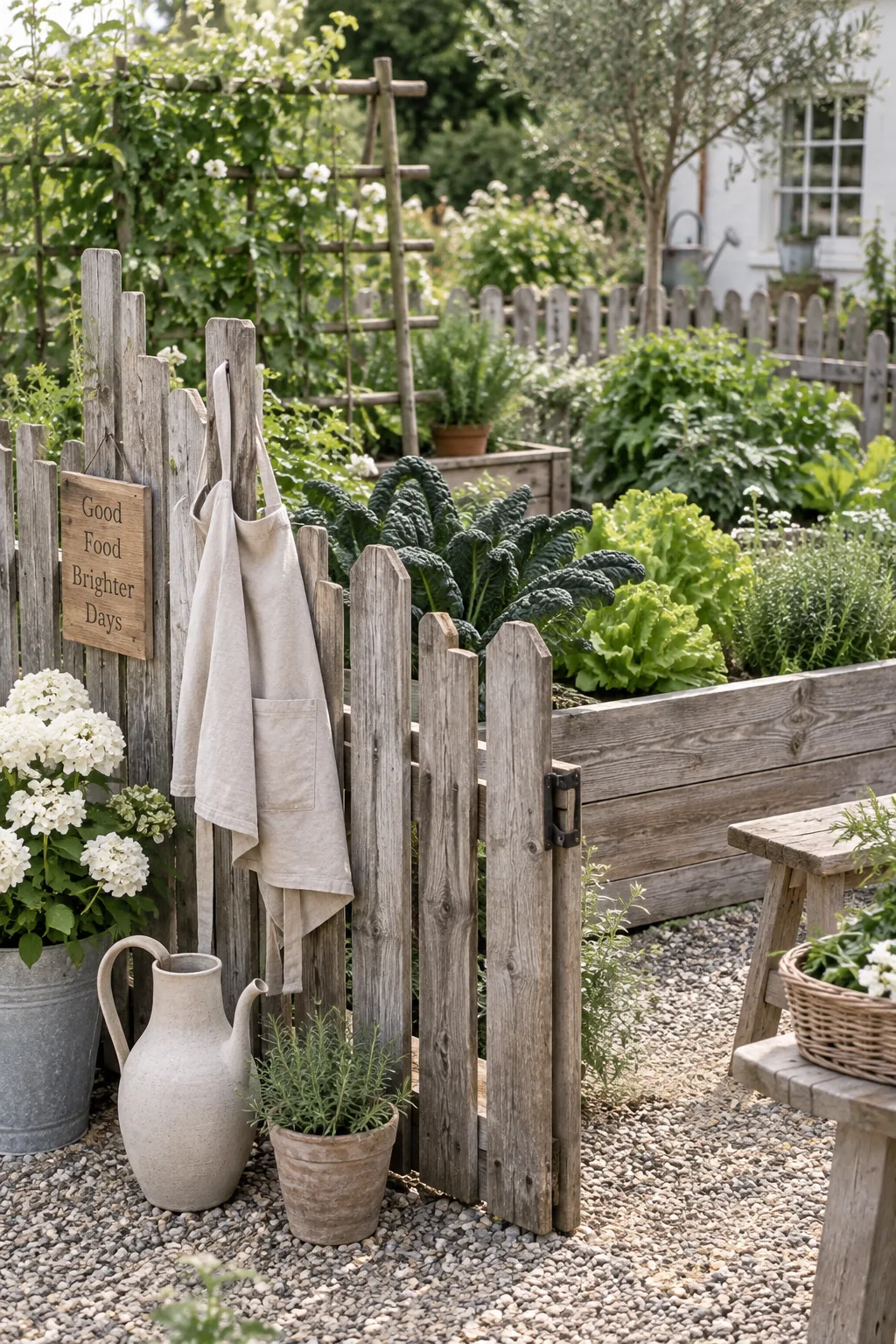 Rustic picket fence made from staggered reclaimed pallet wood