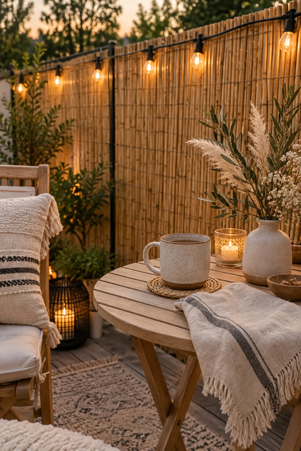 Natural bamboo reed screens rolled over an old chain link fence