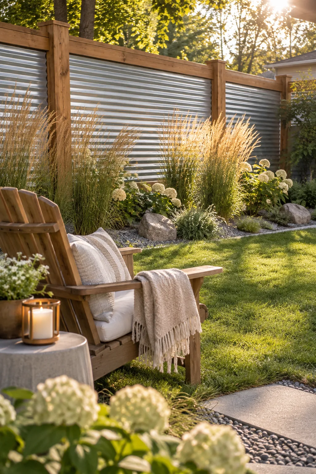 Corrugated metal fence panels framed with thick cedar posts