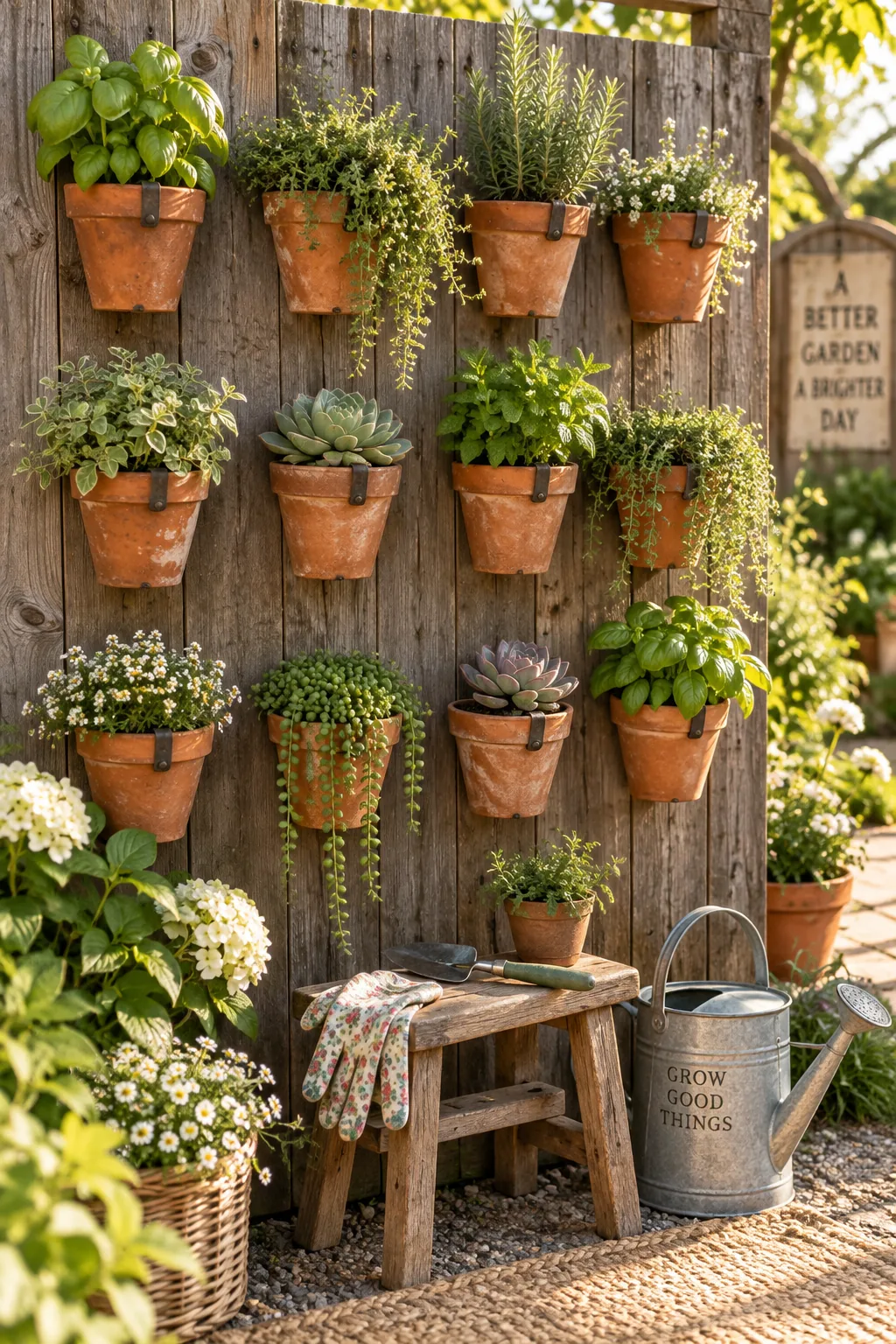 Terra cotta pots hanging in a grid on a wooden fence