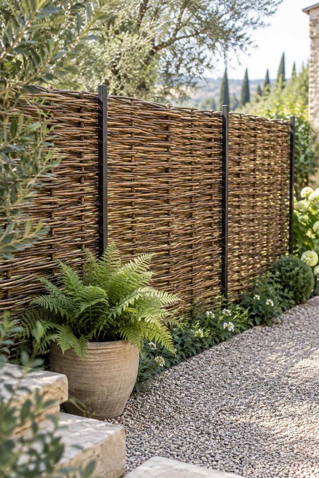 Woven willow branches creating a wattle fence between metal posts