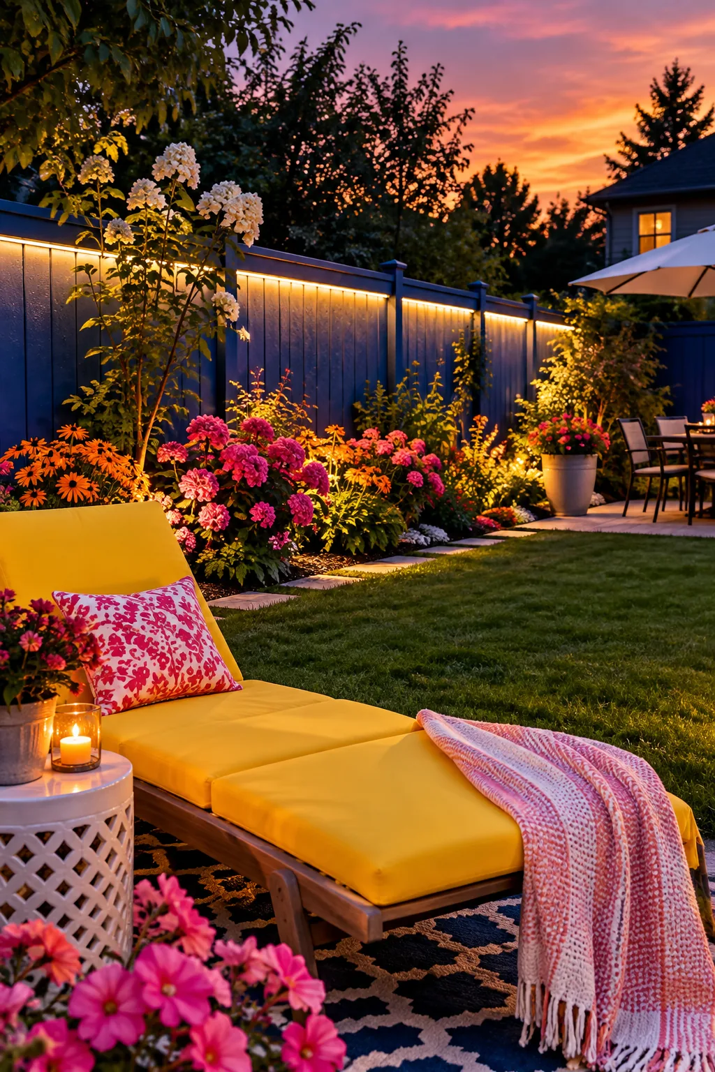 Warm white LED rope lighting glowing under a backyard fence rail