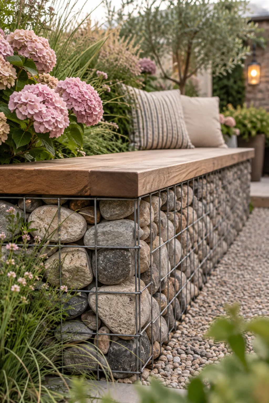 Stone gabion wall fence filled with river rock