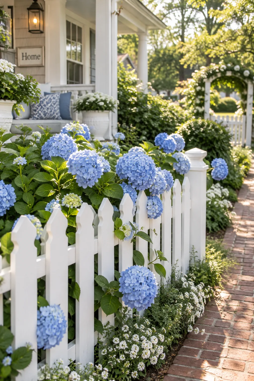 Classic white picket fence with scalloped edges and blue hydrangeas