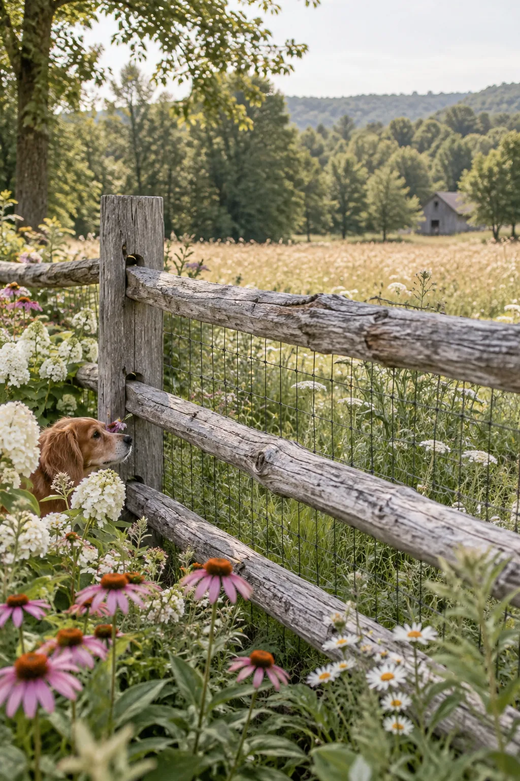 Rough hewn cedar split rail fence in a wooded backyard landscape
