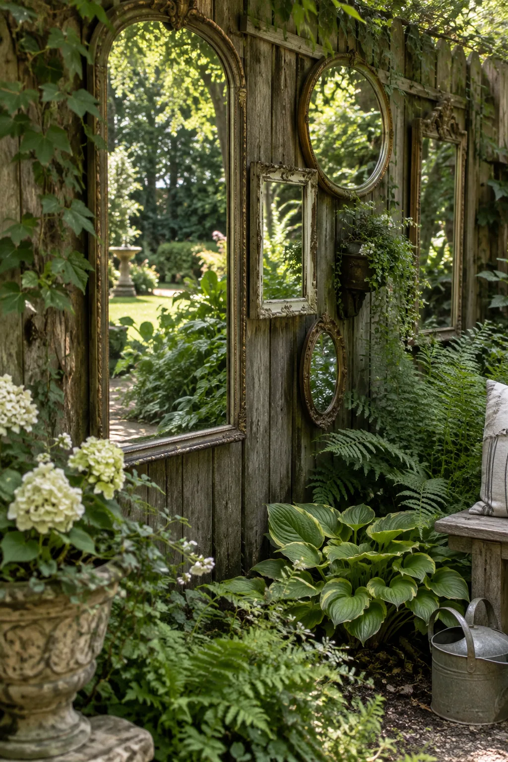 Vintage mirrors attached to a dark wooden fence reflecting the garden